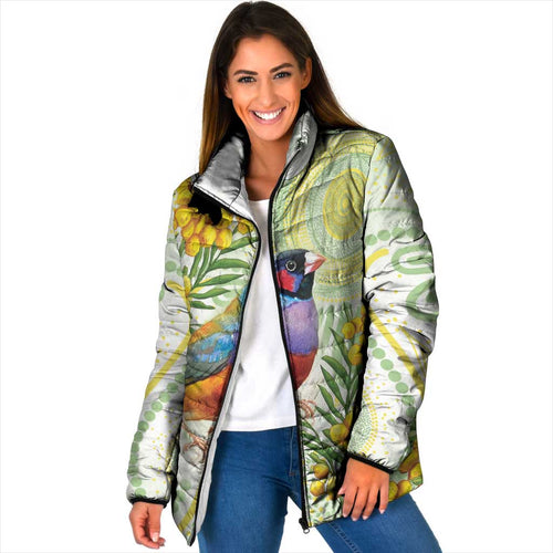 Gouldian Finch Golden Wattle Australia Padded Jacket Aboriginal Watercolor Style - Aussie Hoodie