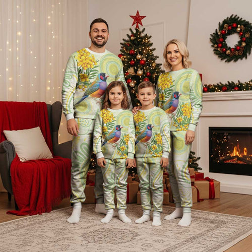 Gouldian Finch Golden Wattle Australia Christmas Pajama Set Aboriginal Watercolor Style - Aussie Hoodie