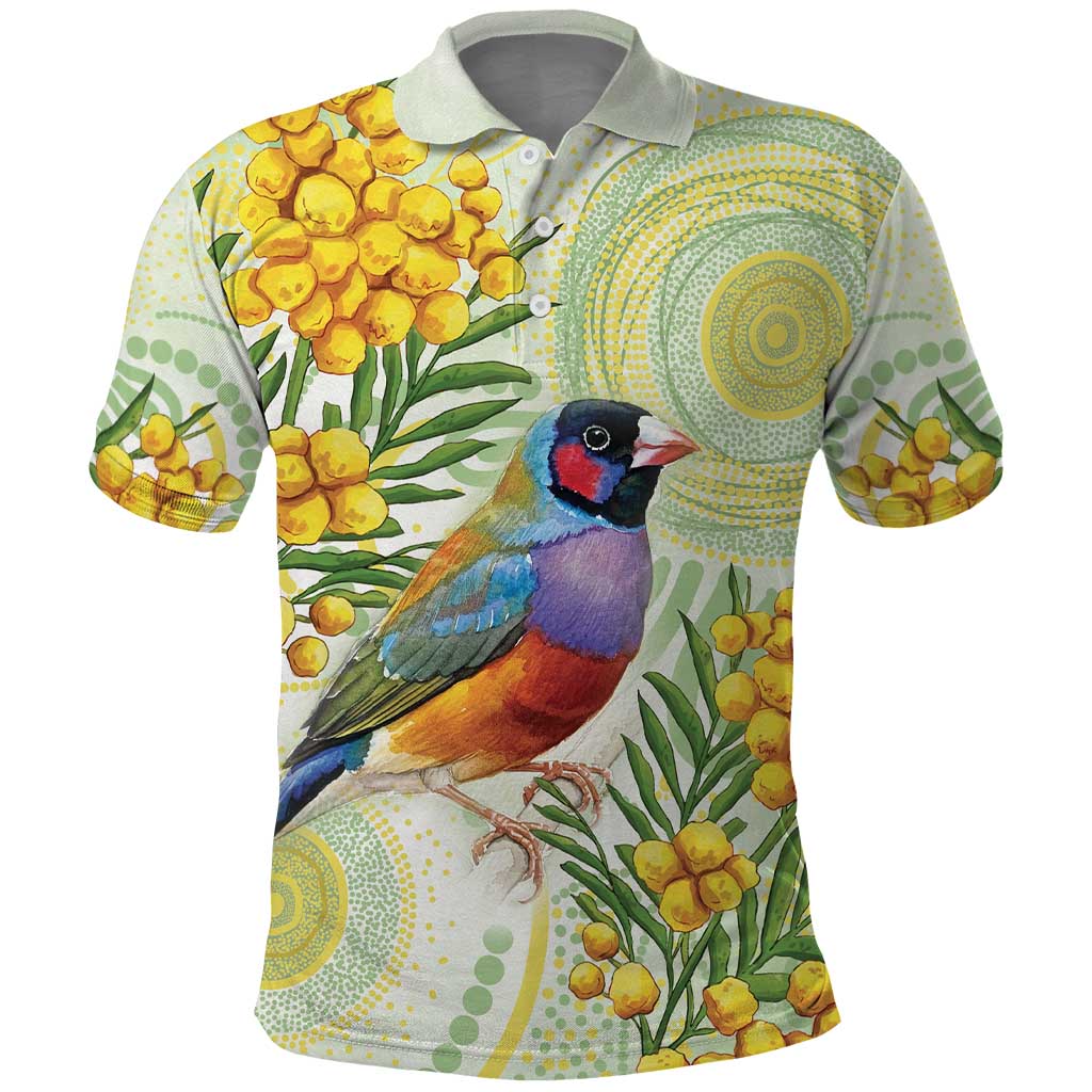 Gouldian Finch Golden Wattle Australia Polo Shirt Aboriginal Watercolor Style