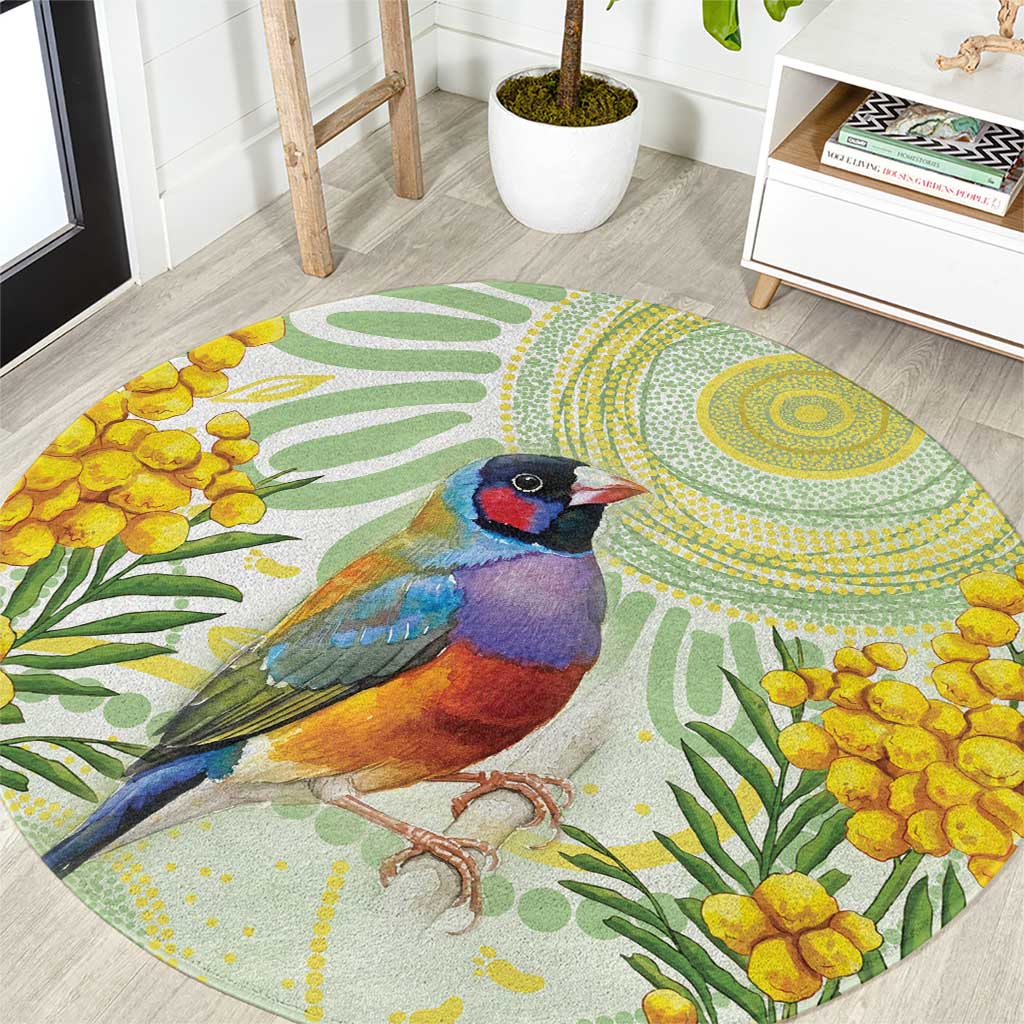 Gouldian Finch Golden Wattle Australia Round Carpet Aboriginal Watercolor Style