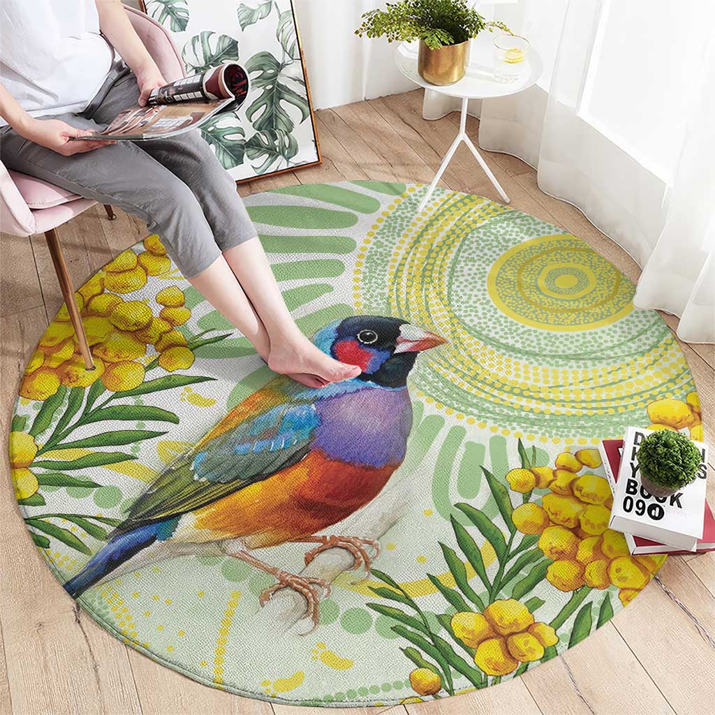 Gouldian Finch Golden Wattle Australia Round Carpet Aboriginal Watercolor Style