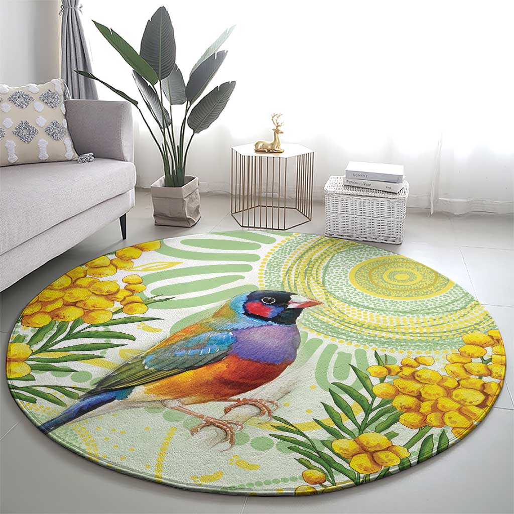 Gouldian Finch Golden Wattle Australia Round Carpet Aboriginal Watercolor Style