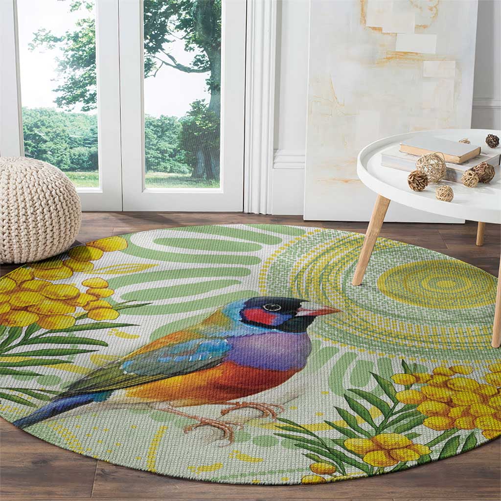 Gouldian Finch Golden Wattle Australia Round Carpet Aboriginal Watercolor Style