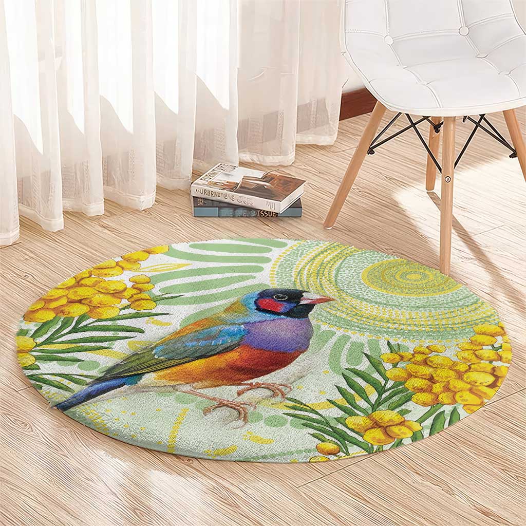 Gouldian Finch Golden Wattle Australia Round Carpet Aboriginal Watercolor Style