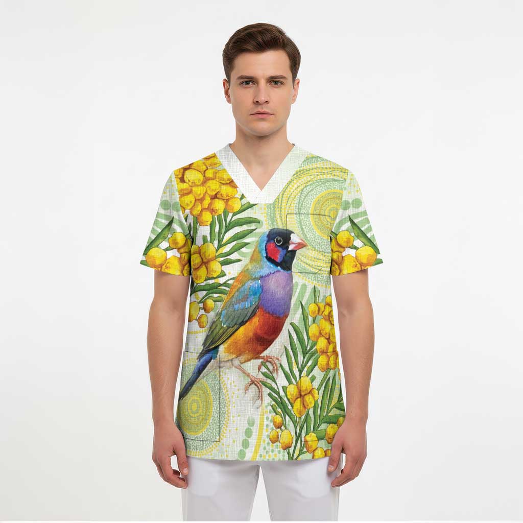 Gouldian Finch Golden Wattle Australia Scrub Top Aboriginal Watercolor Style - Aussie Hoodie