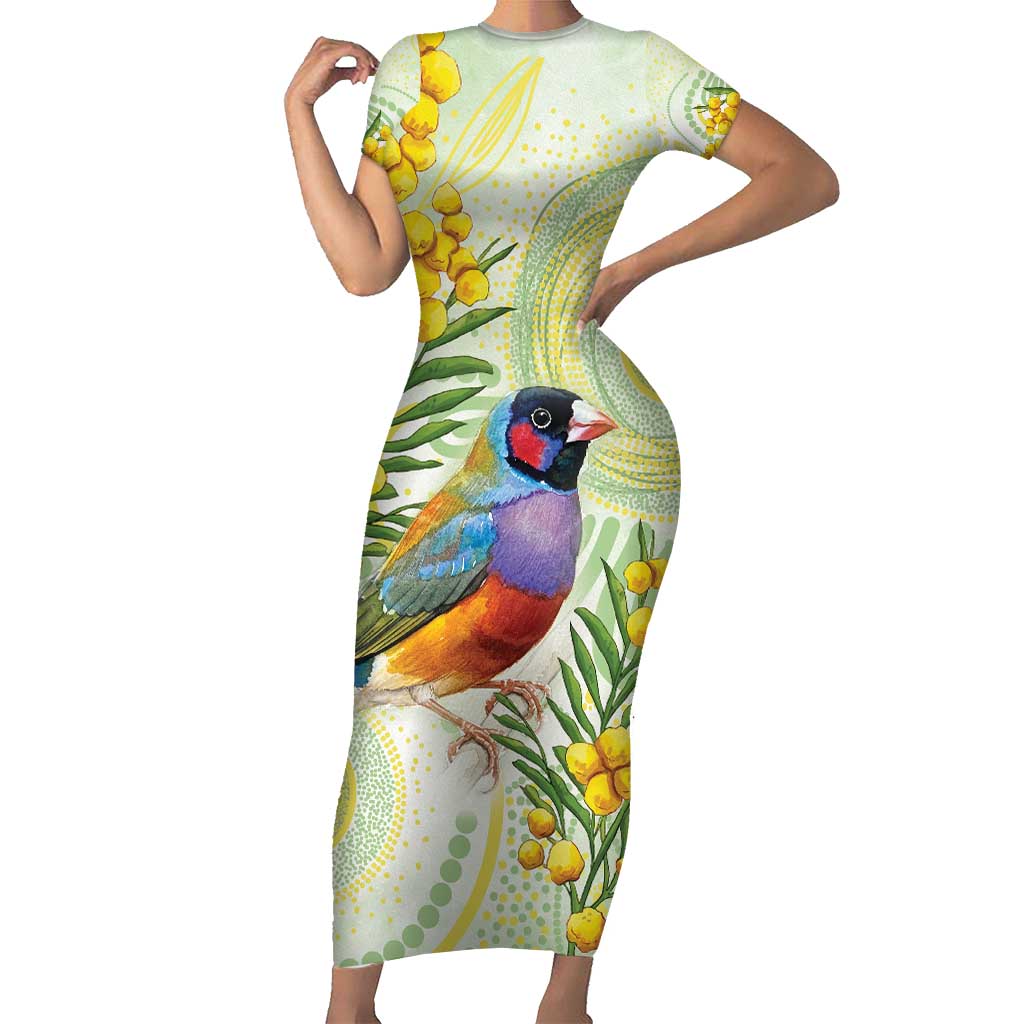 Gouldian Finch Golden Wattle Australia Short Sleeve Bodycon Dress Aboriginal Watercolor Style