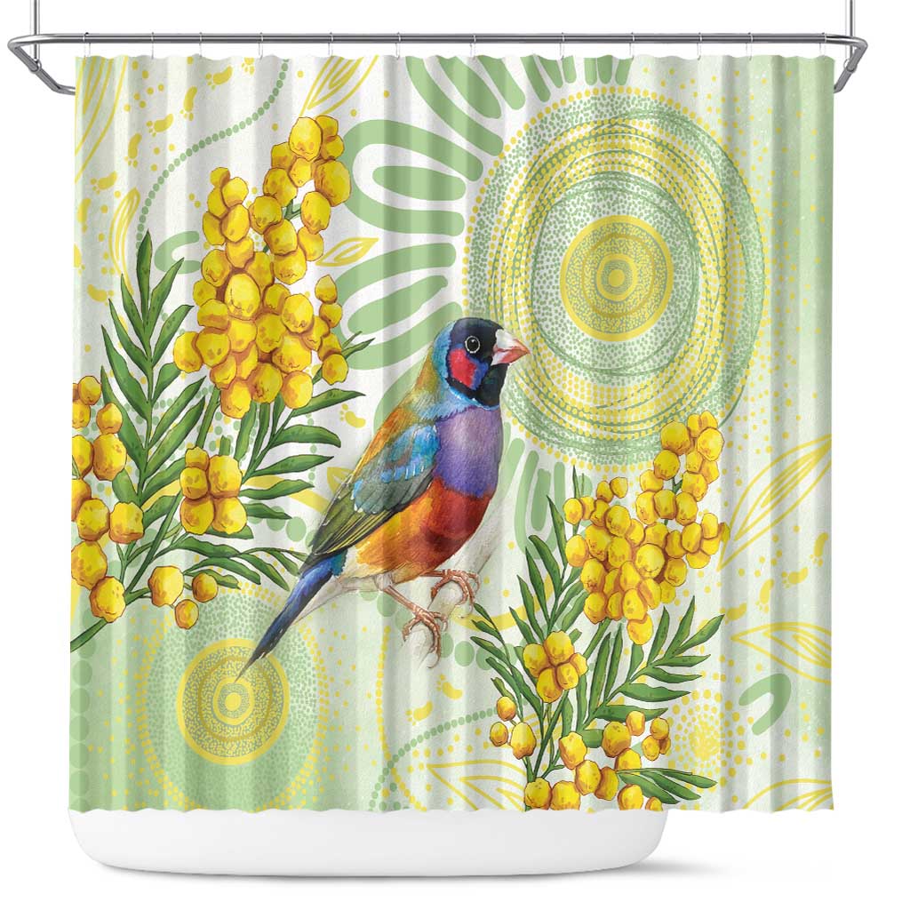 Gouldian Finch Golden Wattle Australia Shower Curtain Aboriginal Watercolor Style
