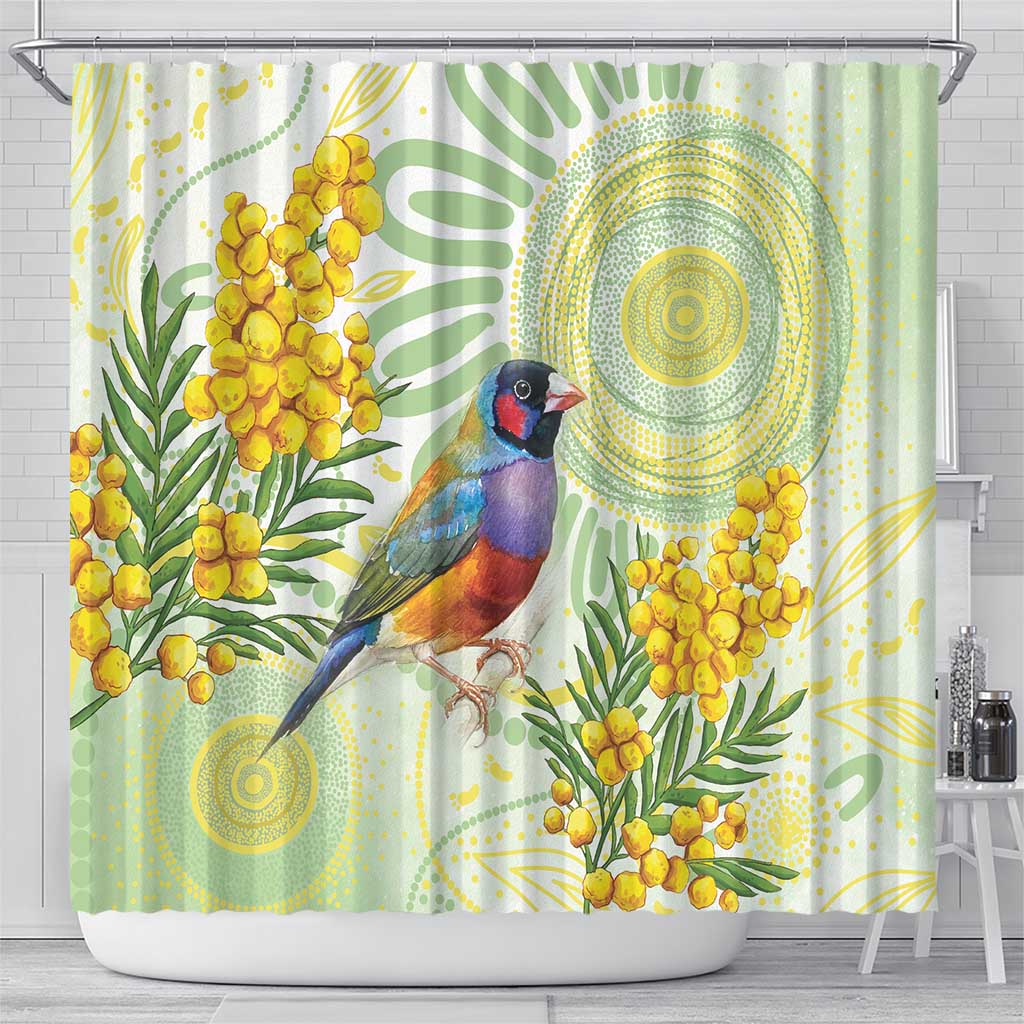 Gouldian Finch Golden Wattle Australia Shower Curtain Aboriginal Watercolor Style