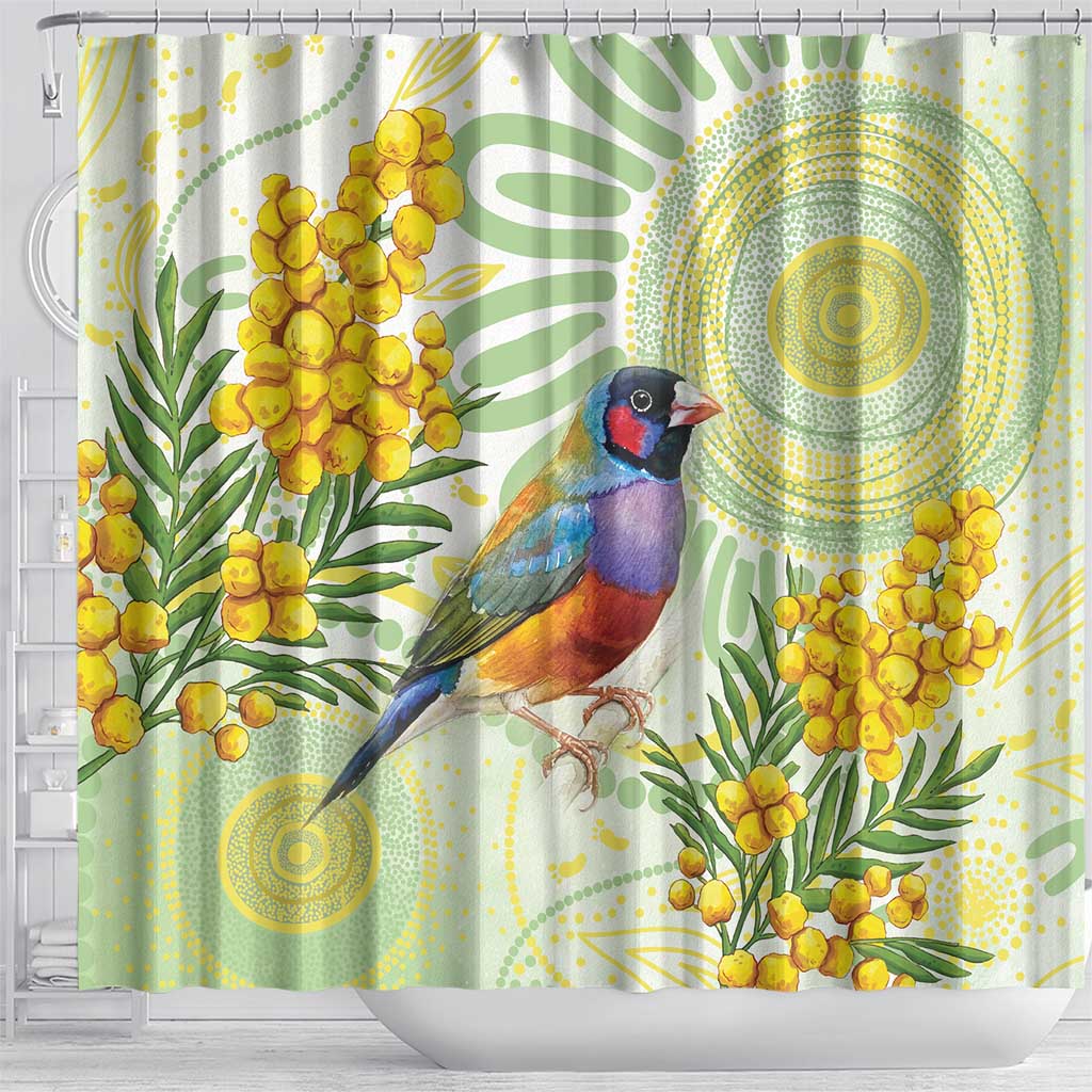 Gouldian Finch Golden Wattle Australia Shower Curtain Aboriginal Watercolor Style