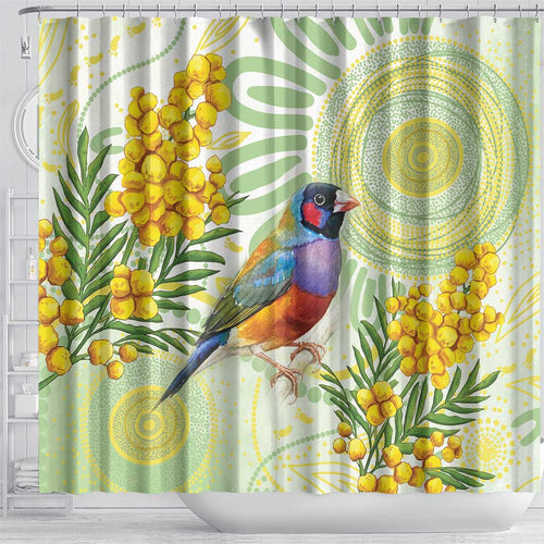 Gouldian Finch Golden Wattle Australia Shower Curtain Aboriginal Watercolor Style