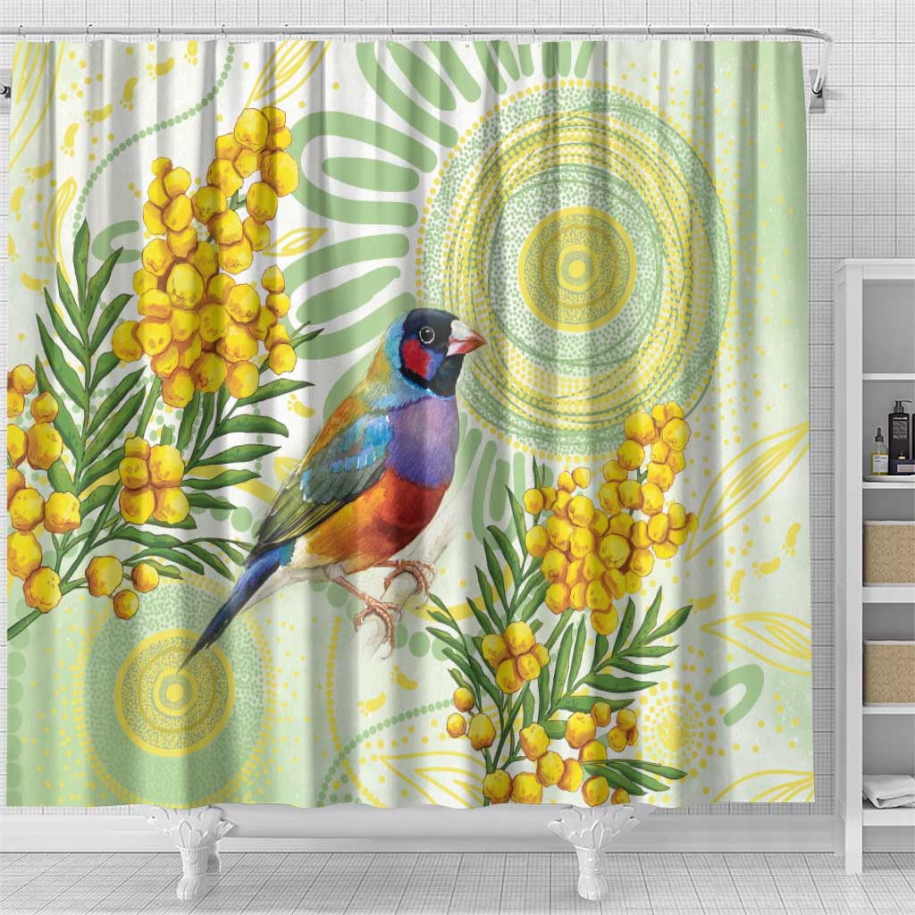 Gouldian Finch Golden Wattle Australia Shower Curtain Aboriginal Watercolor Style