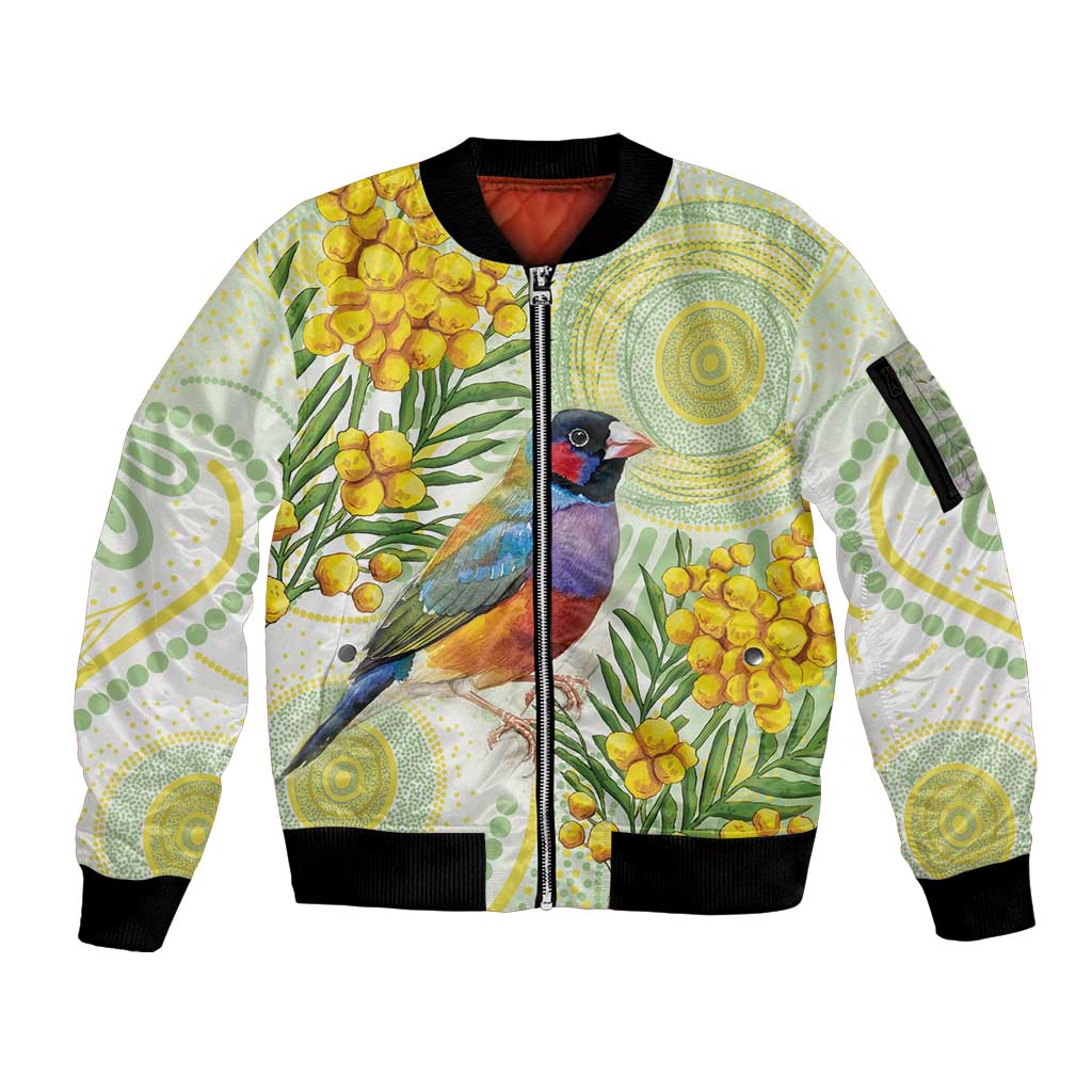 Gouldian Finch Golden Wattle Australia Sleeve Zip Bomber Jacket Aboriginal Watercolor Style