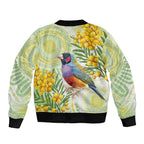 Gouldian Finch Golden Wattle Australia Sleeve Zip Bomber Jacket Aboriginal Watercolor Style