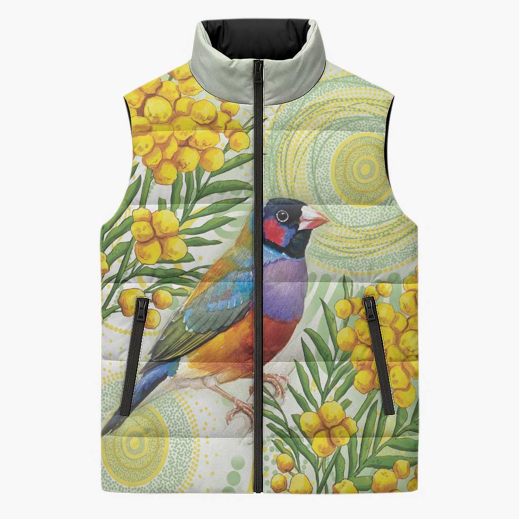 Gouldian Finch Golden Wattle Australia Sleeveless Puffer Jacket Aboriginal Watercolor Style - Aussie Hoodie