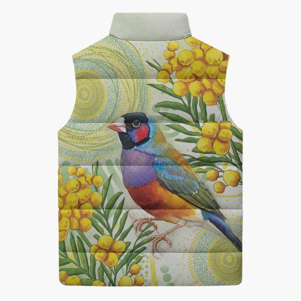 Gouldian Finch Golden Wattle Australia Sleeveless Puffer Jacket Aboriginal Watercolor Style - Aussie Hoodie