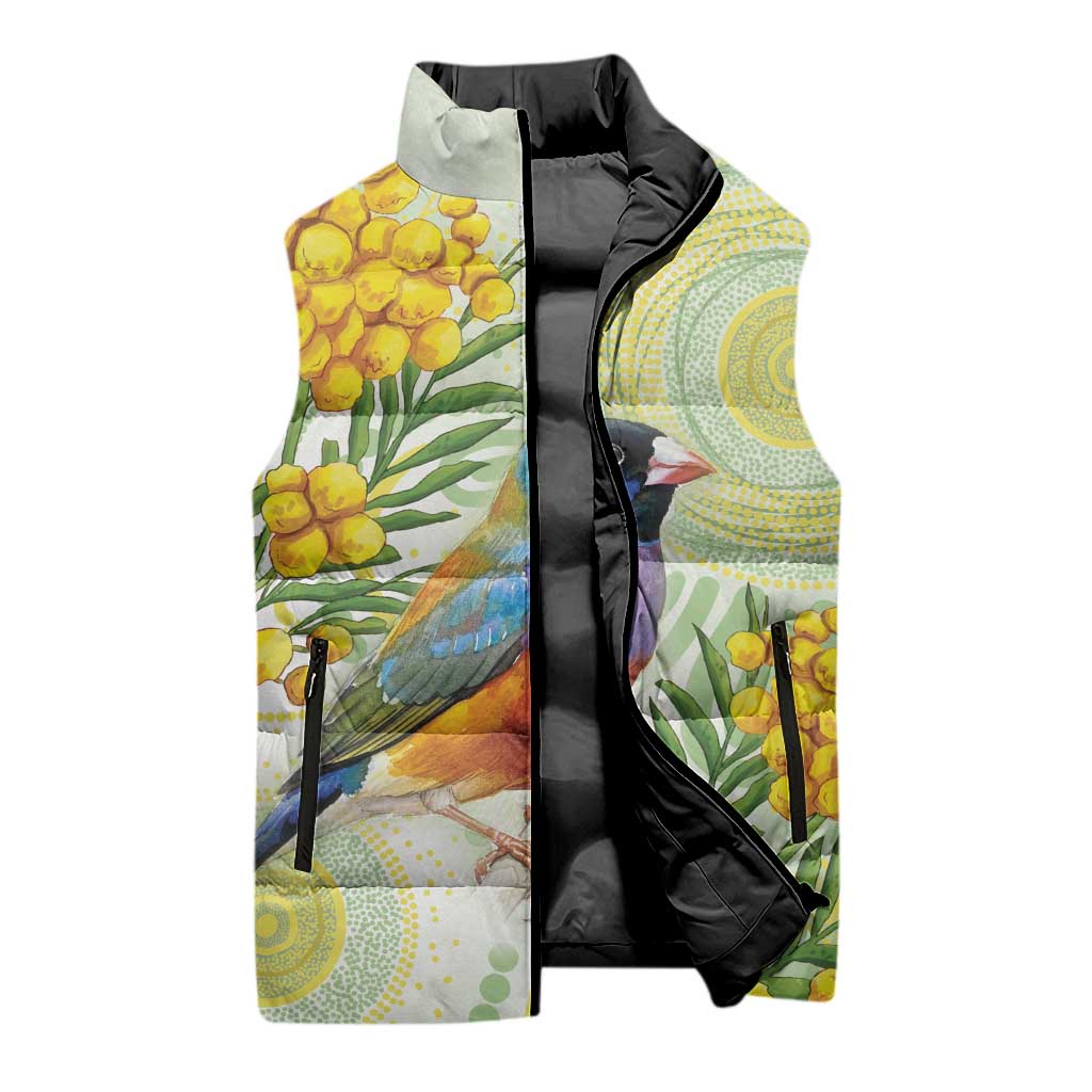 Gouldian Finch Golden Wattle Australia Sleeveless Puffer Jacket Aboriginal Watercolor Style - Aussie Hoodie