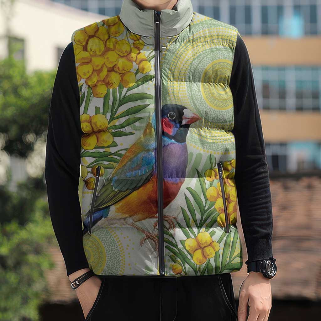 Gouldian Finch Golden Wattle Australia Sleeveless Puffer Jacket Aboriginal Watercolor Style - Aussie Hoodie