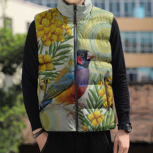 Gouldian Finch Golden Wattle Australia Sleeveless Puffer Jacket Aboriginal Watercolor Style - Aussie Hoodie