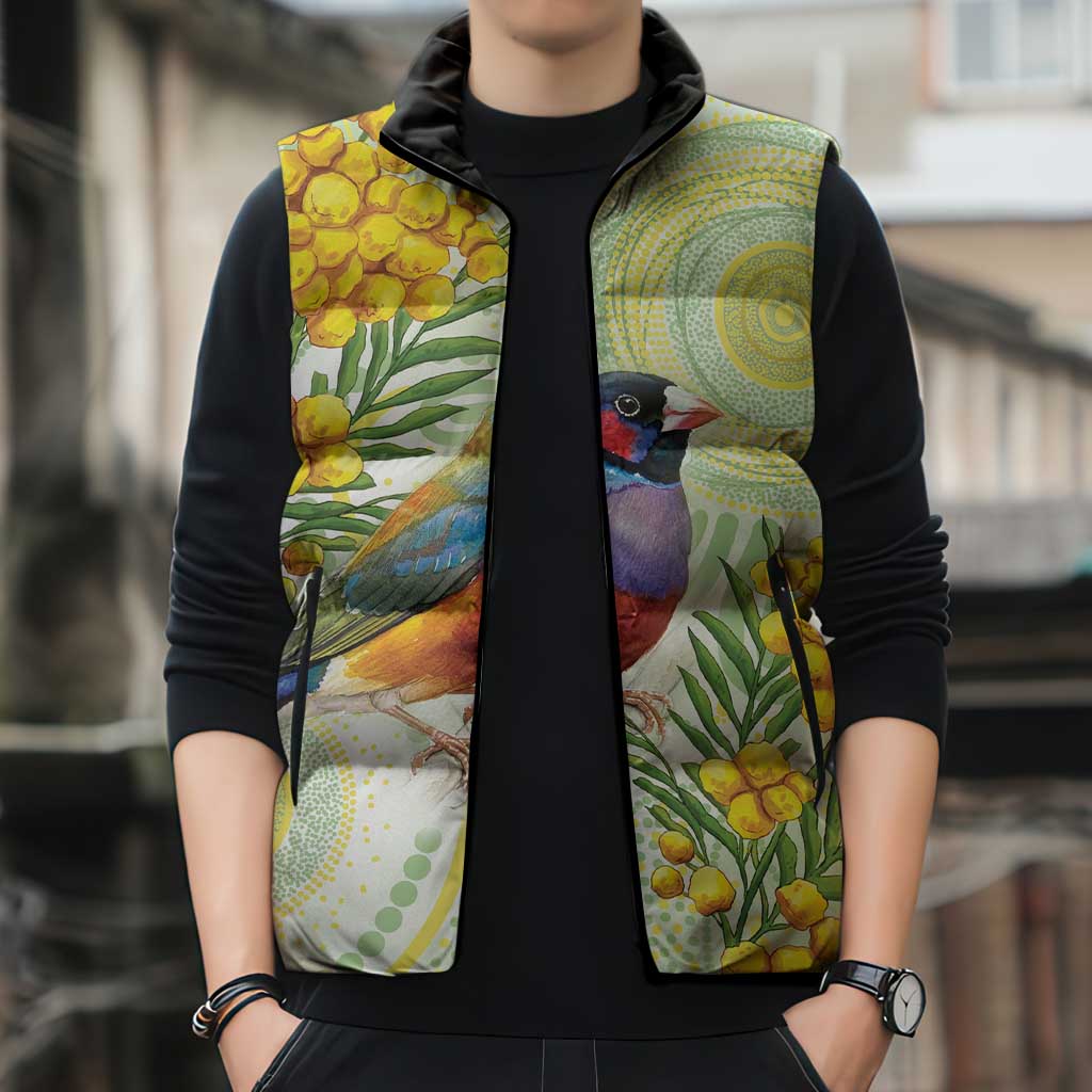 Gouldian Finch Golden Wattle Australia Sleeveless Puffer Jacket Aboriginal Watercolor Style - Aussie Hoodie