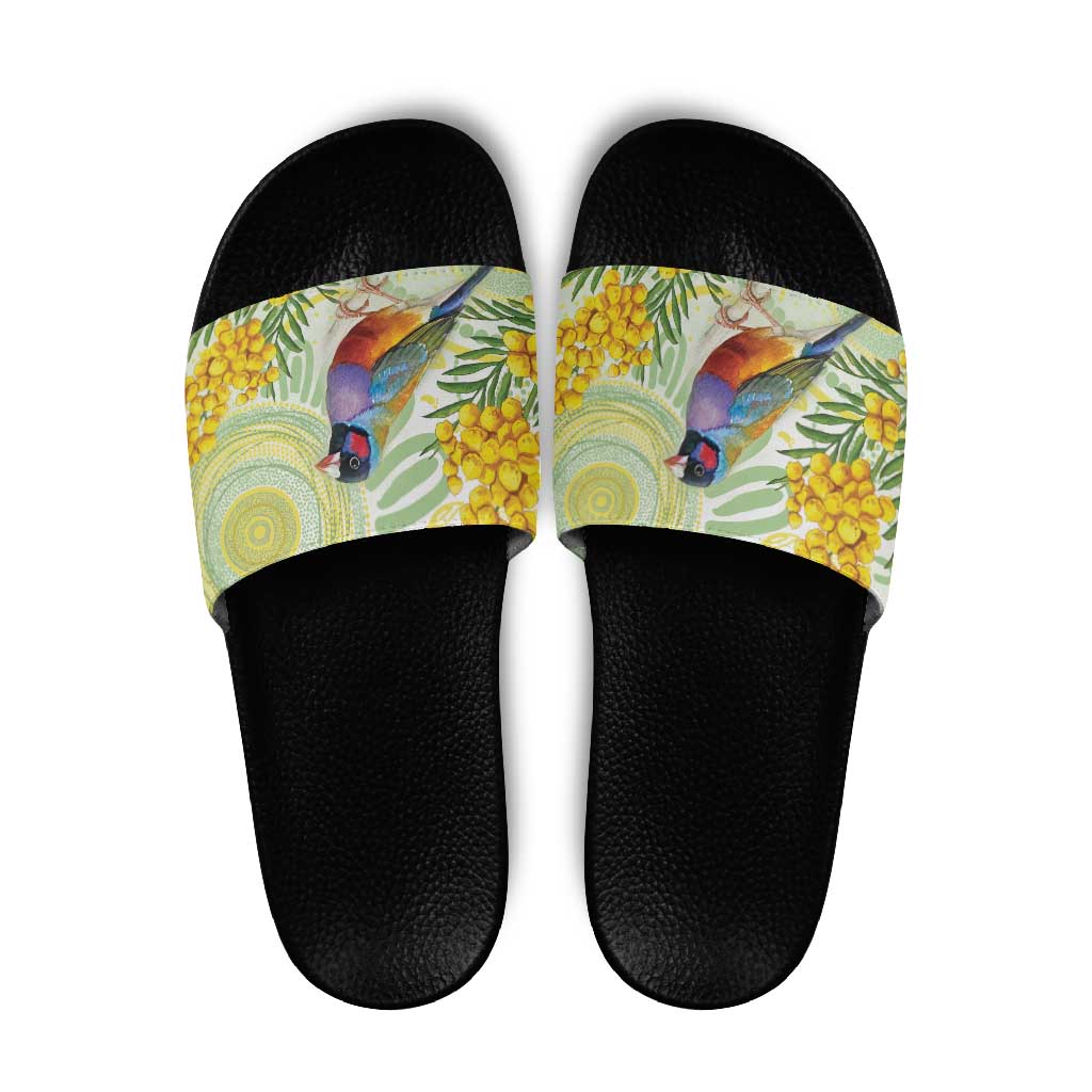 Gouldian Finch Golden Wattle Australia Slide Sandals Aboriginal Watercolor Style - Aussie Hoodie