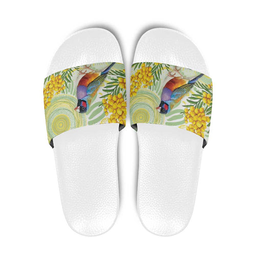 Gouldian Finch Golden Wattle Australia Slide Sandals Aboriginal Watercolor Style - Aussie Hoodie
