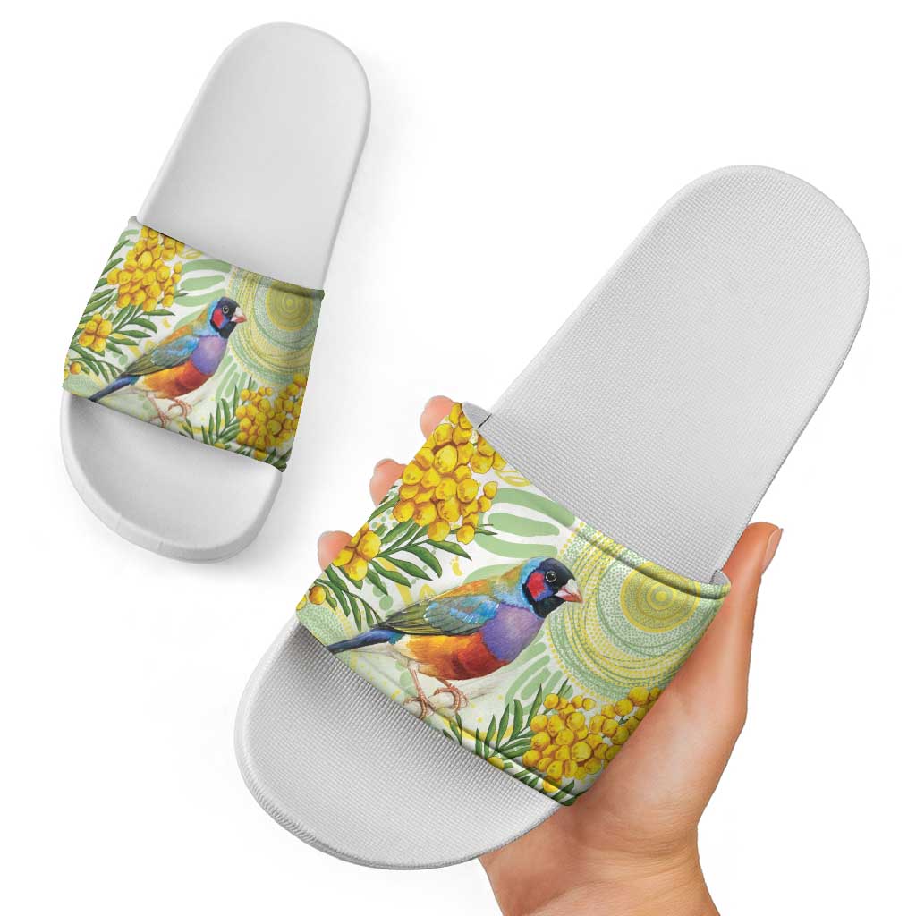 Gouldian Finch Golden Wattle Australia Slide Sandals Aboriginal Watercolor Style - Aussie Hoodie
