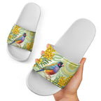 Gouldian Finch Golden Wattle Australia Slide Sandals Aboriginal Watercolor Style - Aussie Hoodie