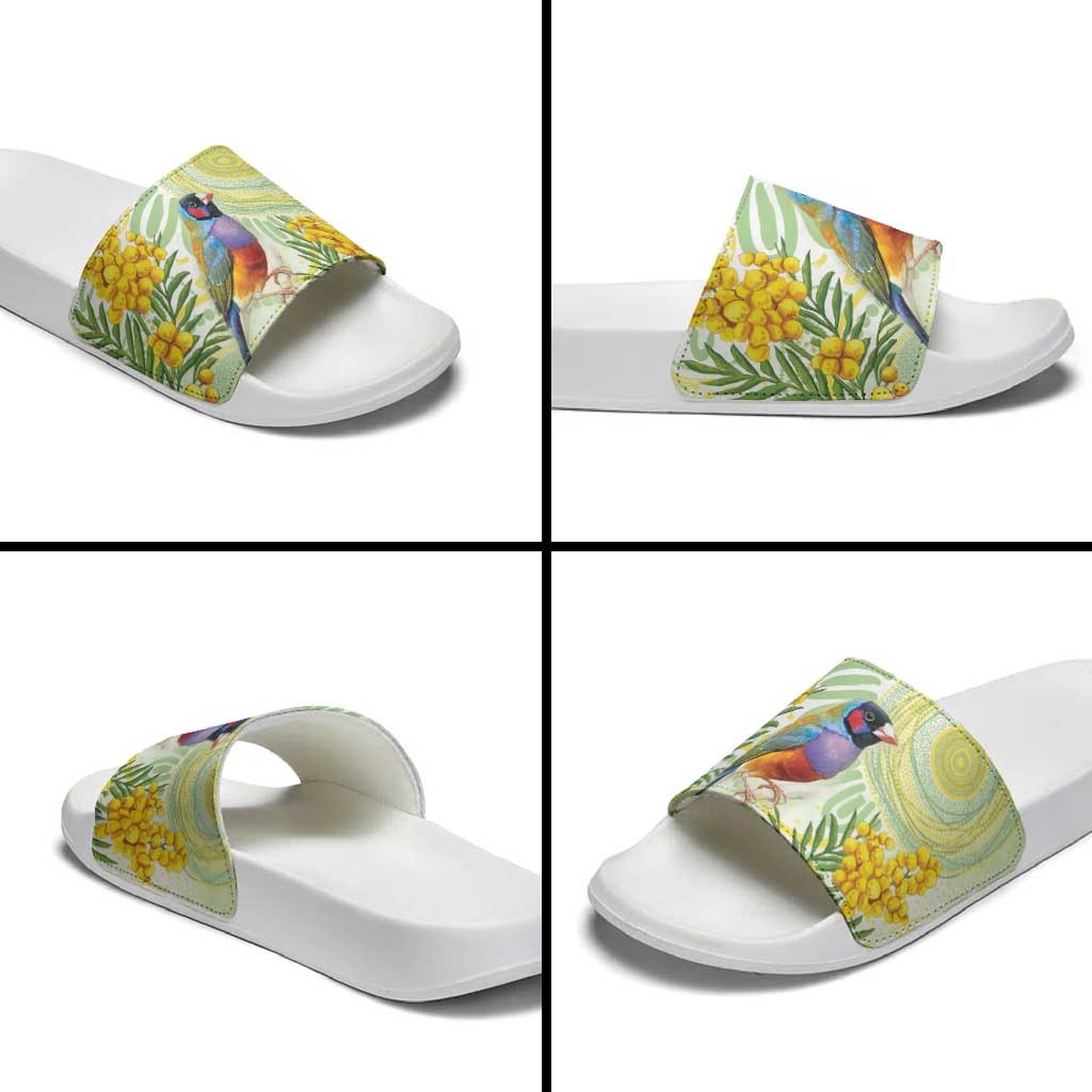 Gouldian Finch Golden Wattle Australia Slide Sandals Aboriginal Watercolor Style - Aussie Hoodie