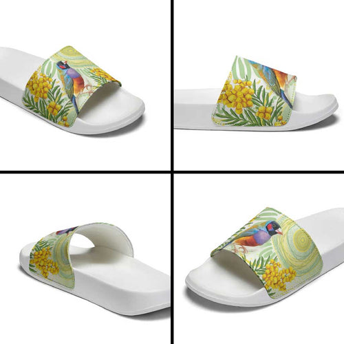 Gouldian Finch Golden Wattle Australia Slide Sandals Aboriginal Watercolor Style - Aussie Hoodie