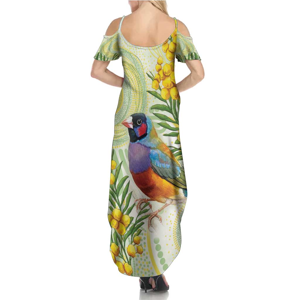 Gouldian Finch Golden Wattle Australia Summer Maxi Dress Aboriginal Watercolor Style