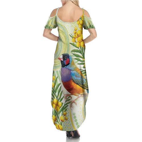 Gouldian Finch Golden Wattle Australia Summer Maxi Dress Aboriginal Watercolor Style