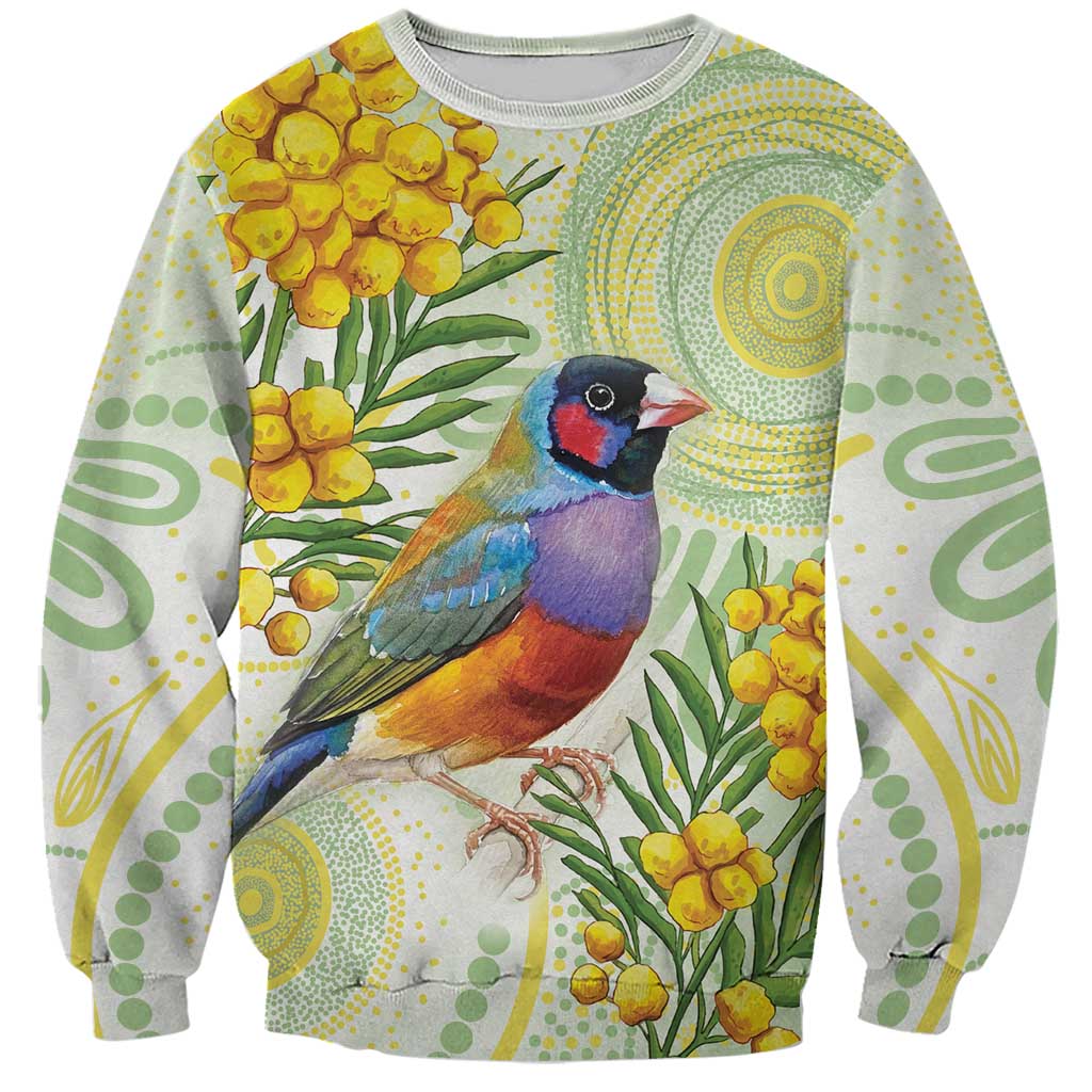 Gouldian Finch Golden Wattle Australia Sweatshirt Aboriginal Watercolor Style