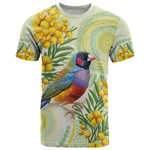 Gouldian Finch Golden Wattle Australia T Shirt Aboriginal Watercolor Style