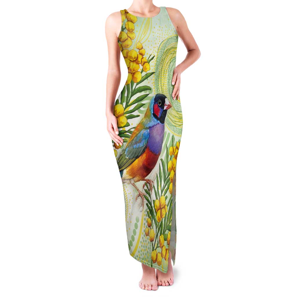 Gouldian Finch Golden Wattle Australia Tank Maxi Dress Aboriginal Watercolor Style