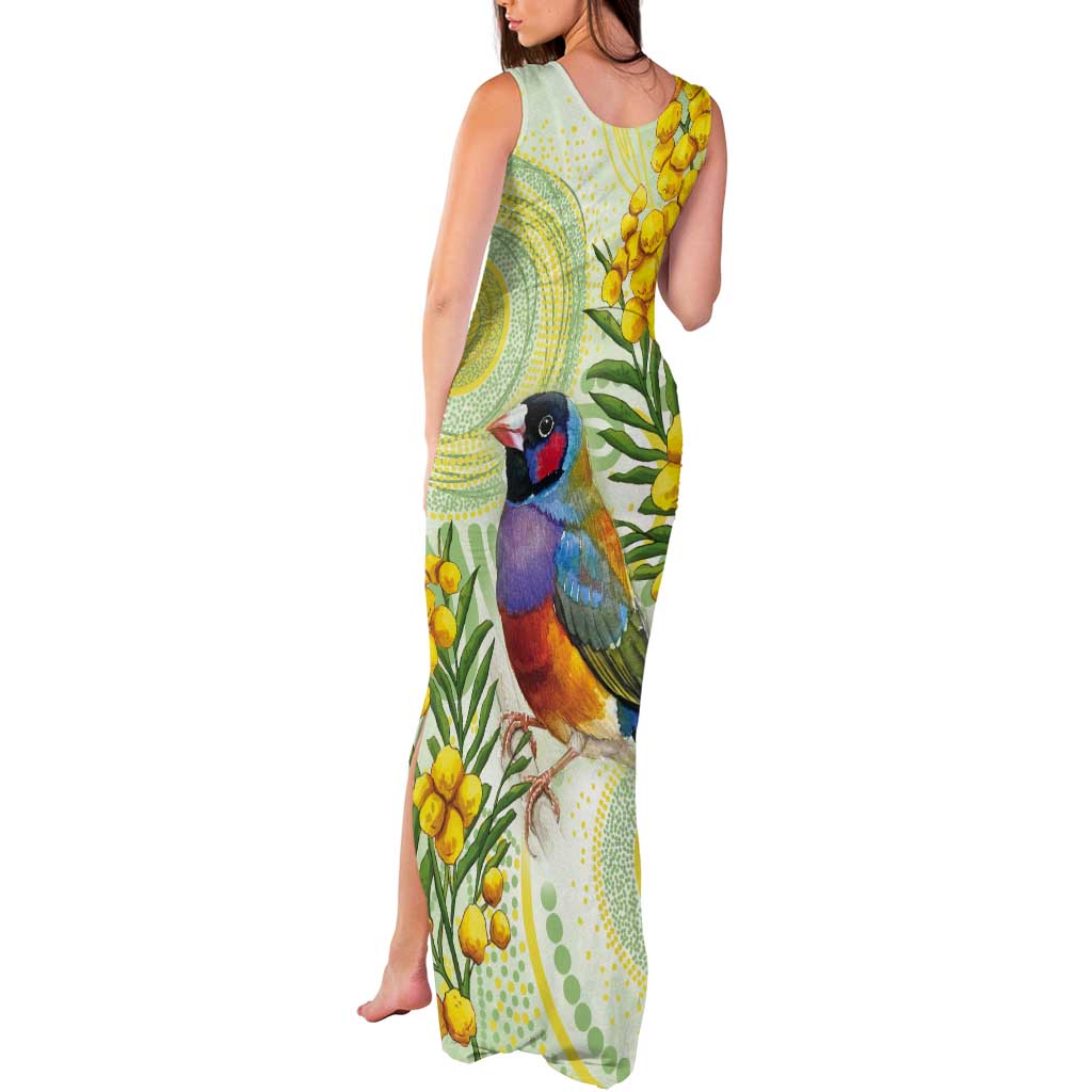 Gouldian Finch Golden Wattle Australia Tank Maxi Dress Aboriginal Watercolor Style