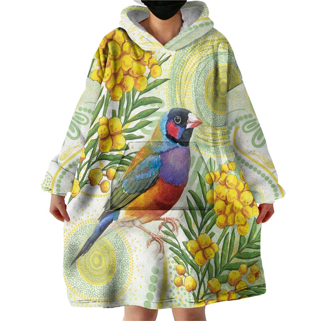 Gouldian Finch Golden Wattle Australia Wearable Blanket Hoodie Aboriginal Watercolor Style