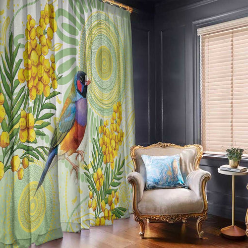Gouldian Finch Golden Wattle Australia Window Curtain Aboriginal Watercolor Style