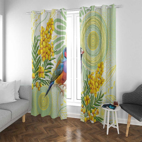 Gouldian Finch Golden Wattle Australia Window Curtain Aboriginal Watercolor Style
