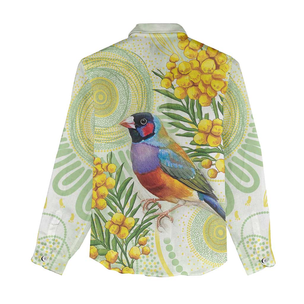 Gouldian Finch Golden Wattle Australia Women Casual Shirt Aboriginal Watercolor Style