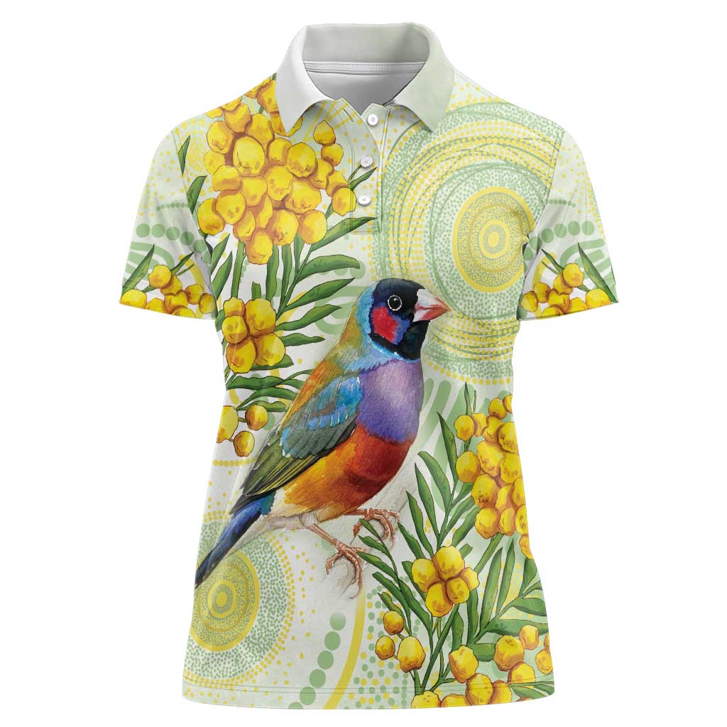 Gouldian Finch Golden Wattle Australia Women Polo Shirt Aboriginal Watercolor Style