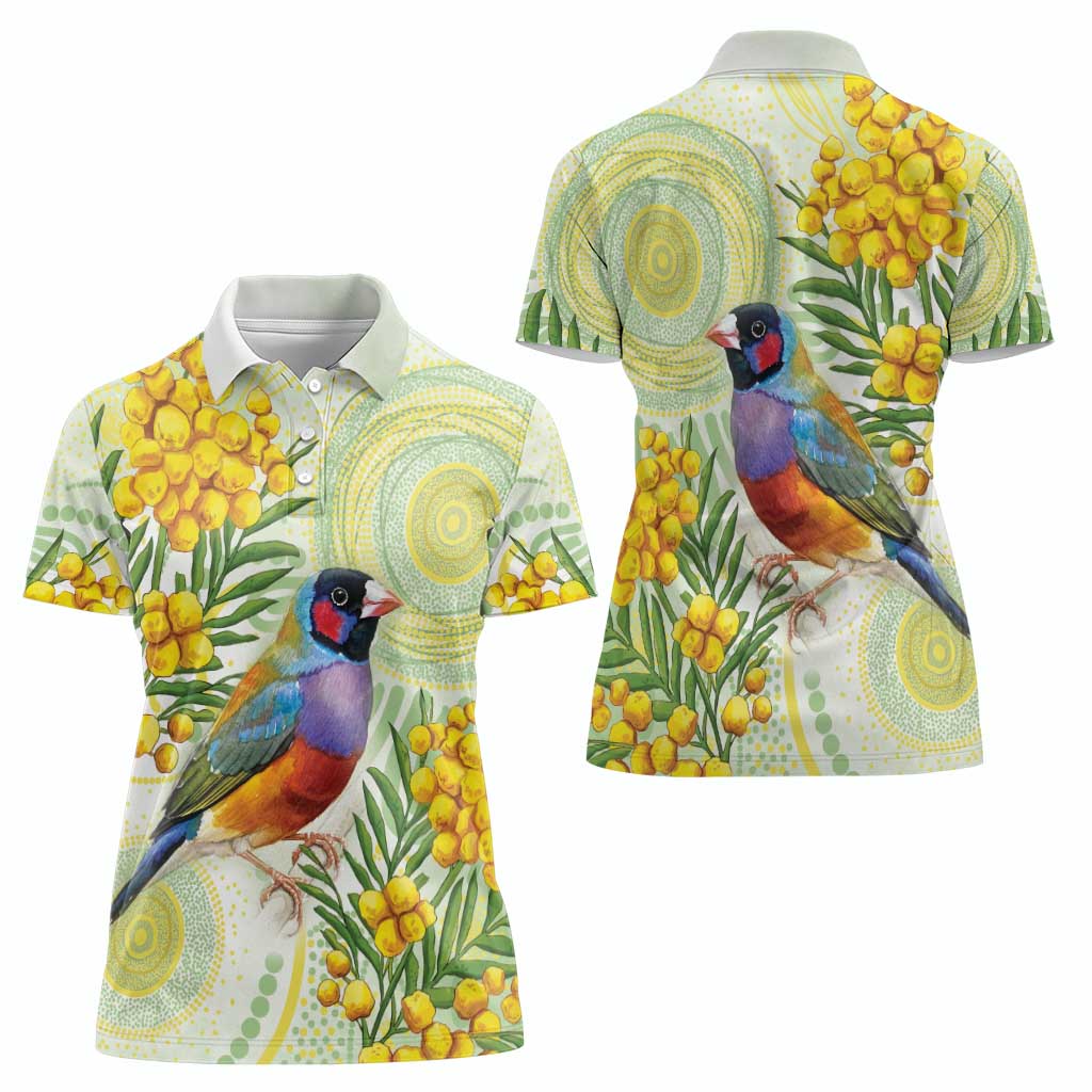 Gouldian Finch Golden Wattle Australia Women Polo Shirt Aboriginal Watercolor Style