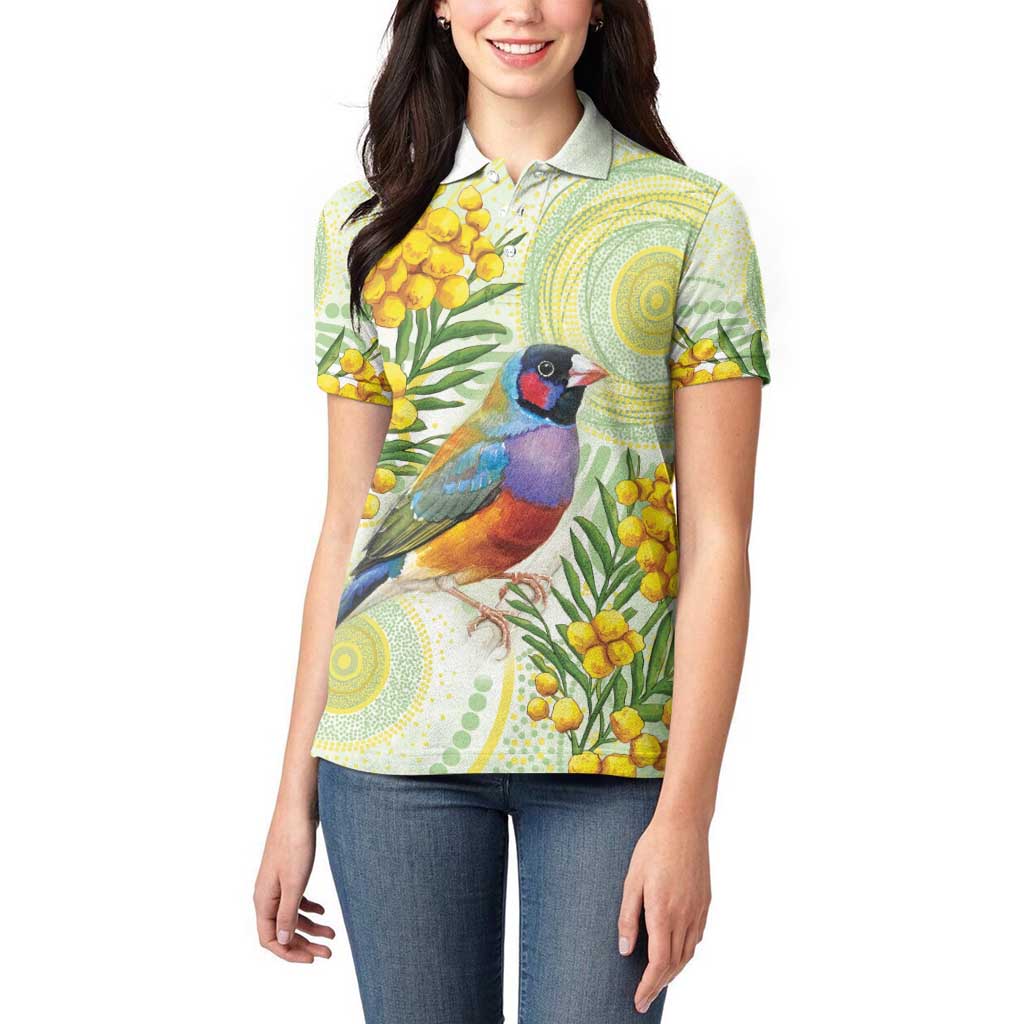 Gouldian Finch Golden Wattle Australia Women Polo Shirt Aboriginal Watercolor Style
