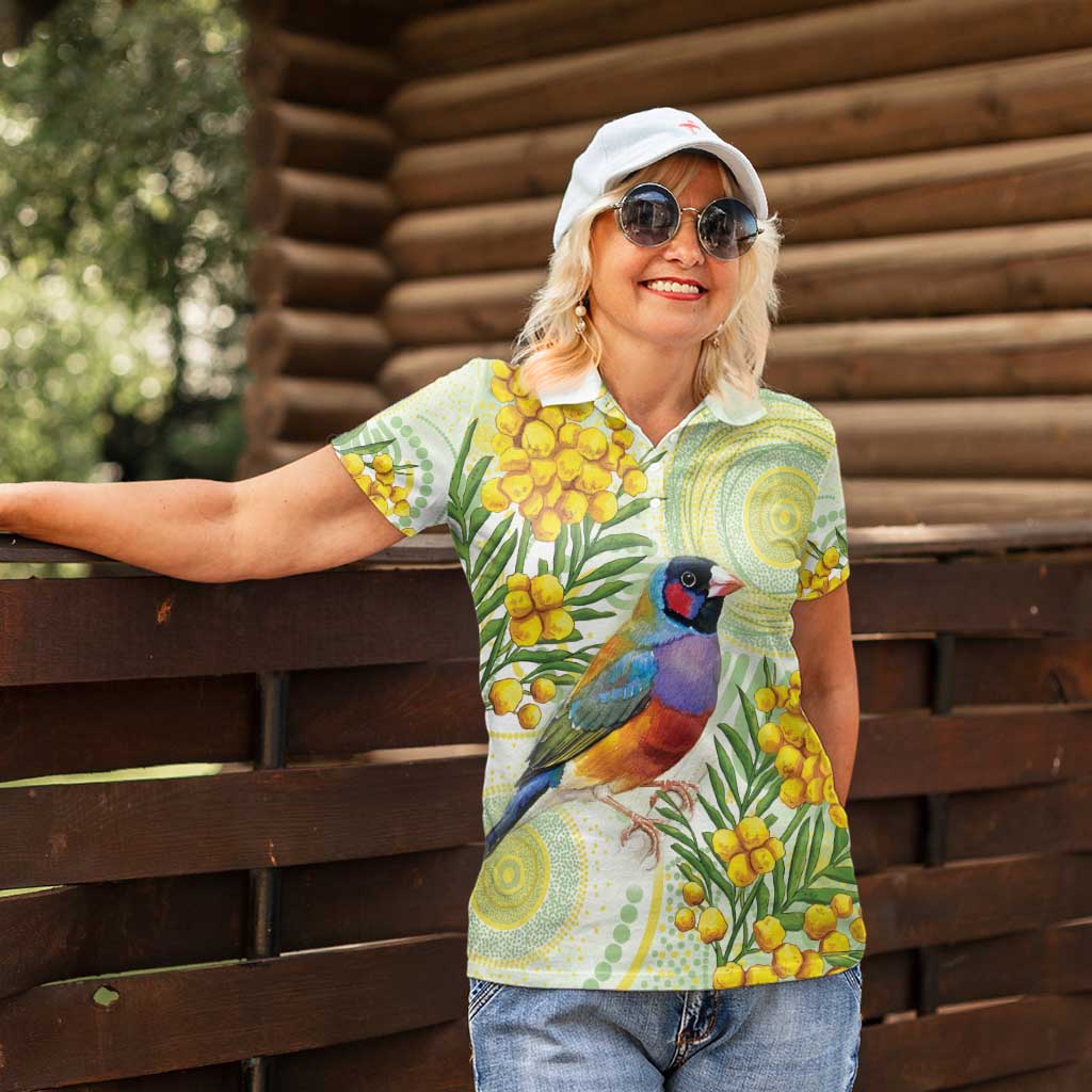 Gouldian Finch Golden Wattle Australia Women Polo Shirt Aboriginal Watercolor Style