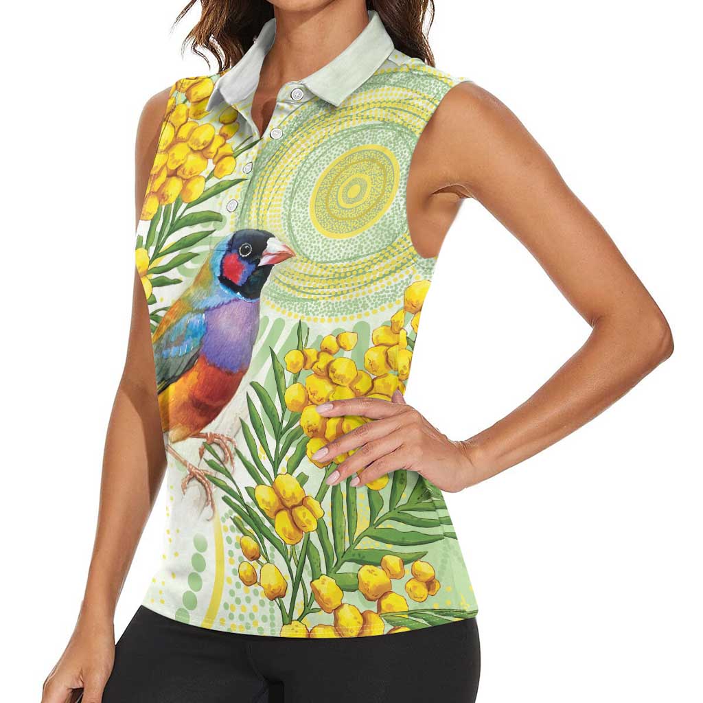 Gouldian Finch Golden Wattle Australia Women Sleeveless Polo Shirt Aboriginal Watercolor Style