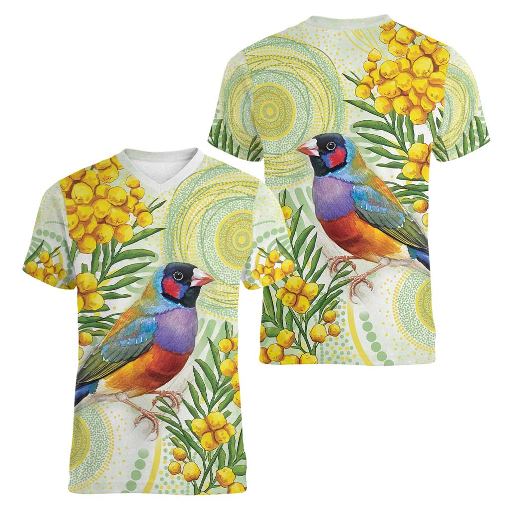 Gouldian Finch Golden Wattle Australia Women V-Neck T-Shirt Aboriginal Watercolor Style