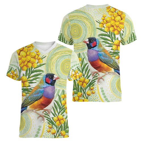 Gouldian Finch Golden Wattle Australia Women V-Neck T-Shirt Aboriginal Watercolor Style