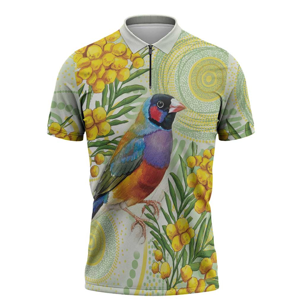 Gouldian Finch Golden Wattle Australia Zipper Polo Shirt Aboriginal Watercolor Style - Aussie Hoodie