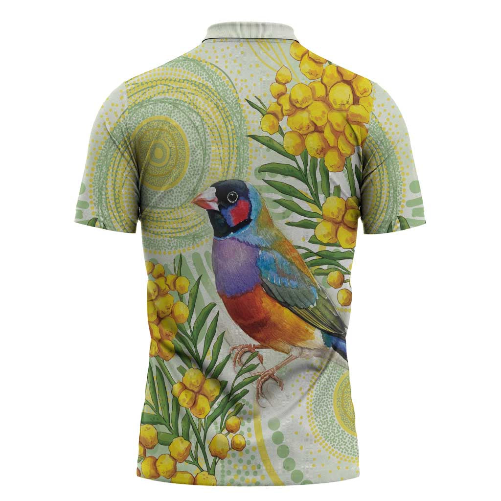 Gouldian Finch Golden Wattle Australia Zipper Polo Shirt Aboriginal Watercolor Style - Aussie Hoodie