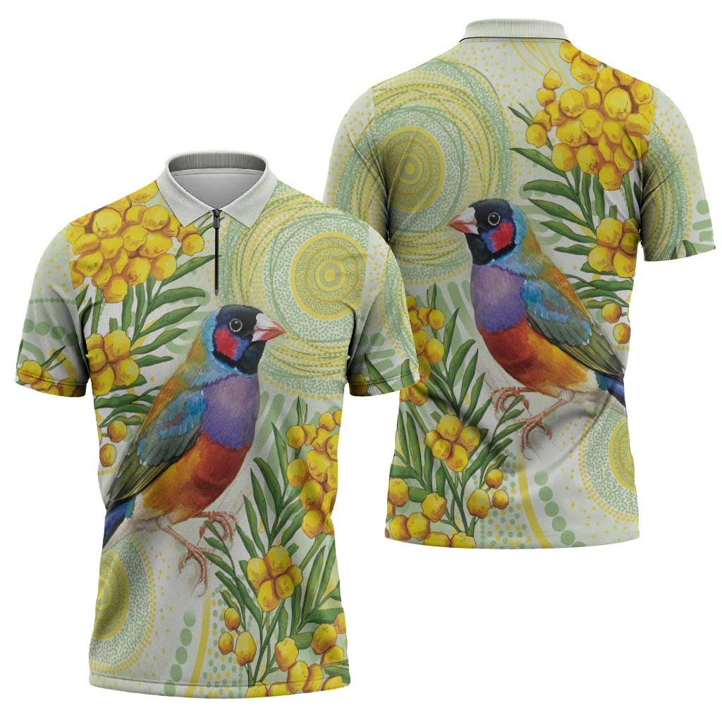 Gouldian Finch Golden Wattle Australia Zipper Polo Shirt Aboriginal Watercolor Style - Aussie Hoodie