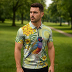 Gouldian Finch Golden Wattle Australia Zipper Polo Shirt Aboriginal Watercolor Style - Aussie Hoodie